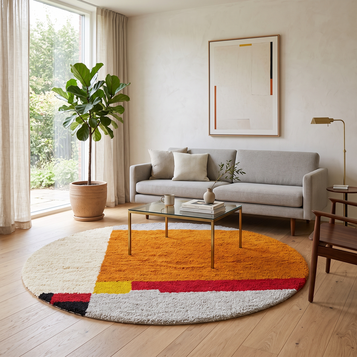 Round handmade Moroccan wool rug with a bold abstract geometric design in burnt orange, ivory, gray, red, yellow, and black.