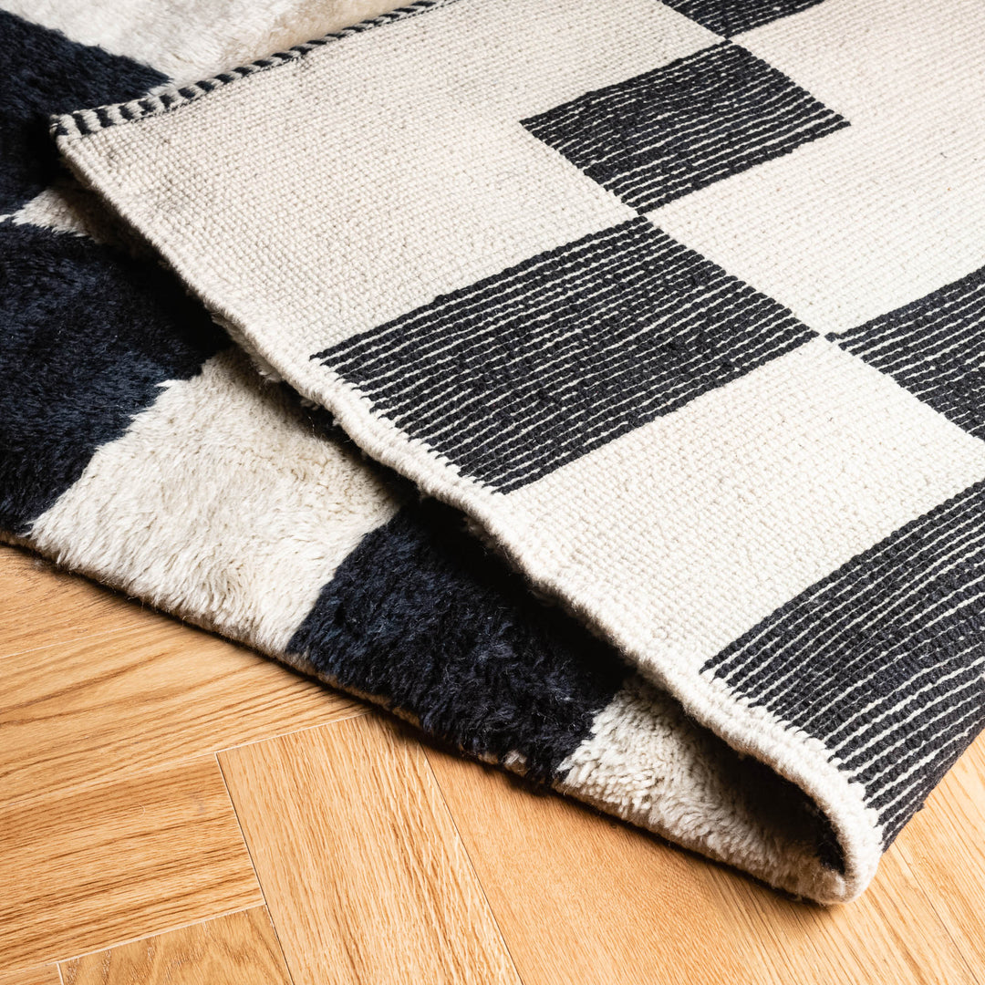 Modern Beni Mrirt Checkerboard Rug in Black and Ivory