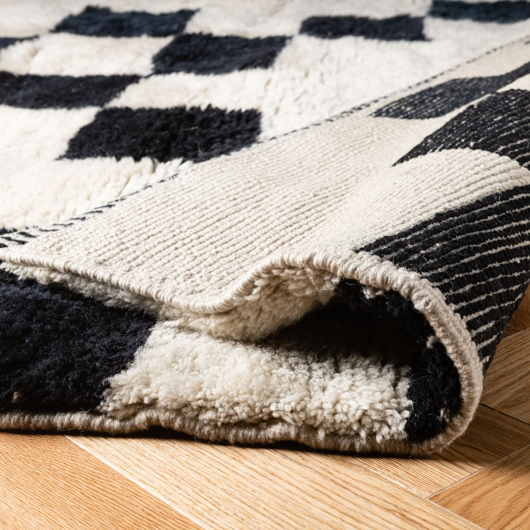 Modern Beni Mrirt Checkerboard Rug in Black and Ivory