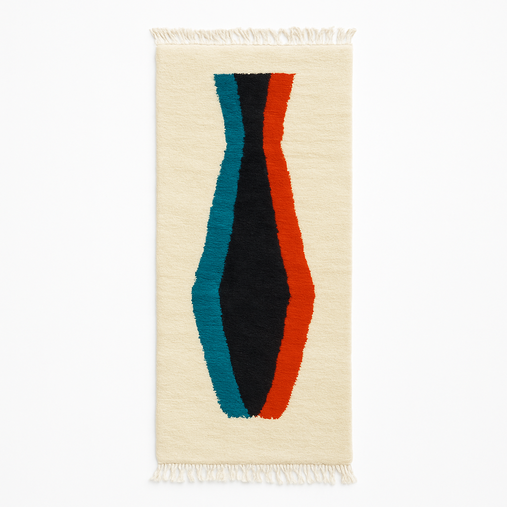 Handmade Moroccan runner rug with abstract color block design in black, teal blue and burnt orange on a white wool background, modern Berber style carpet runner for hallway or entryway