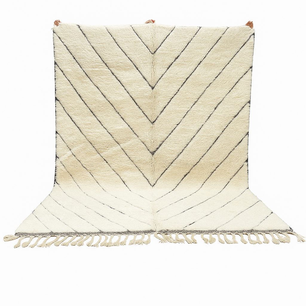 Modern Moroccan Beni Ourain wool rug with black chevron lines on cream background, handmade by Berber artisans