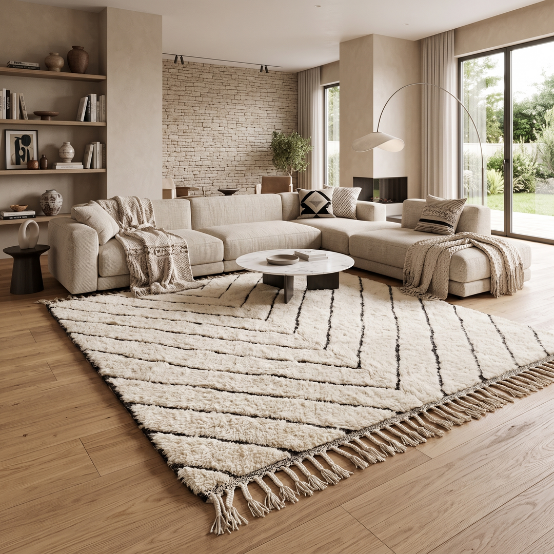 Modern Moroccan Beni Ourain wool rug with black chevron lines on cream background, handmade by Berber artisans
