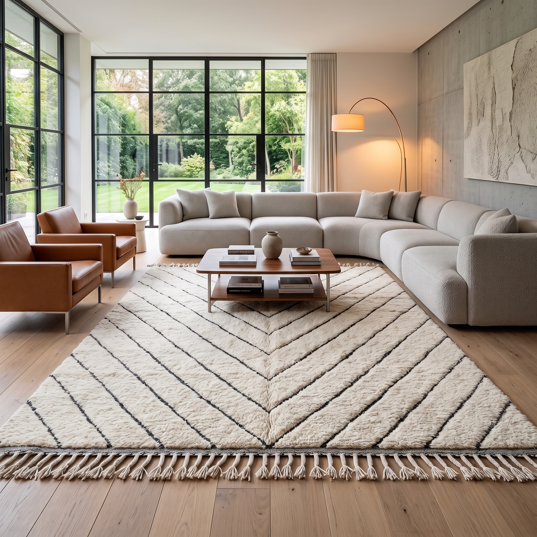 Modern Moroccan Beni Ourain wool rug with black chevron lines on cream background, handmade by Berber artisans
