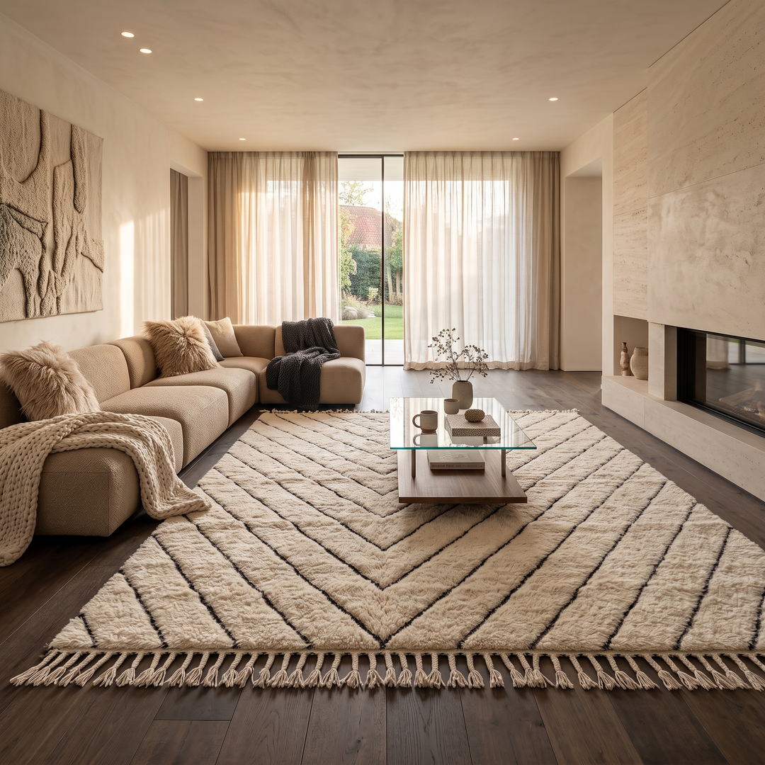 Modern Moroccan Beni Ourain wool rug with black chevron lines on cream background, handmade by Berber artisans

