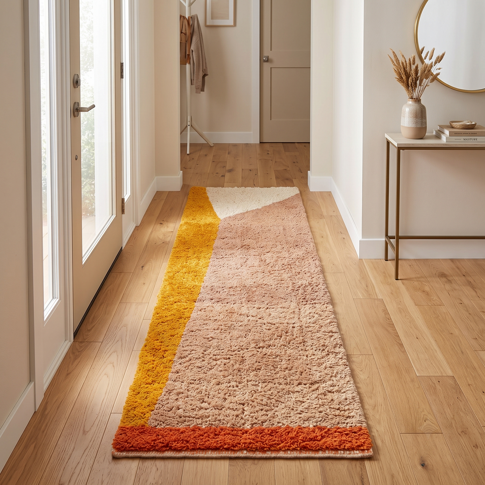 Handmade Moroccan runner rug in earth tones with abstract wool design