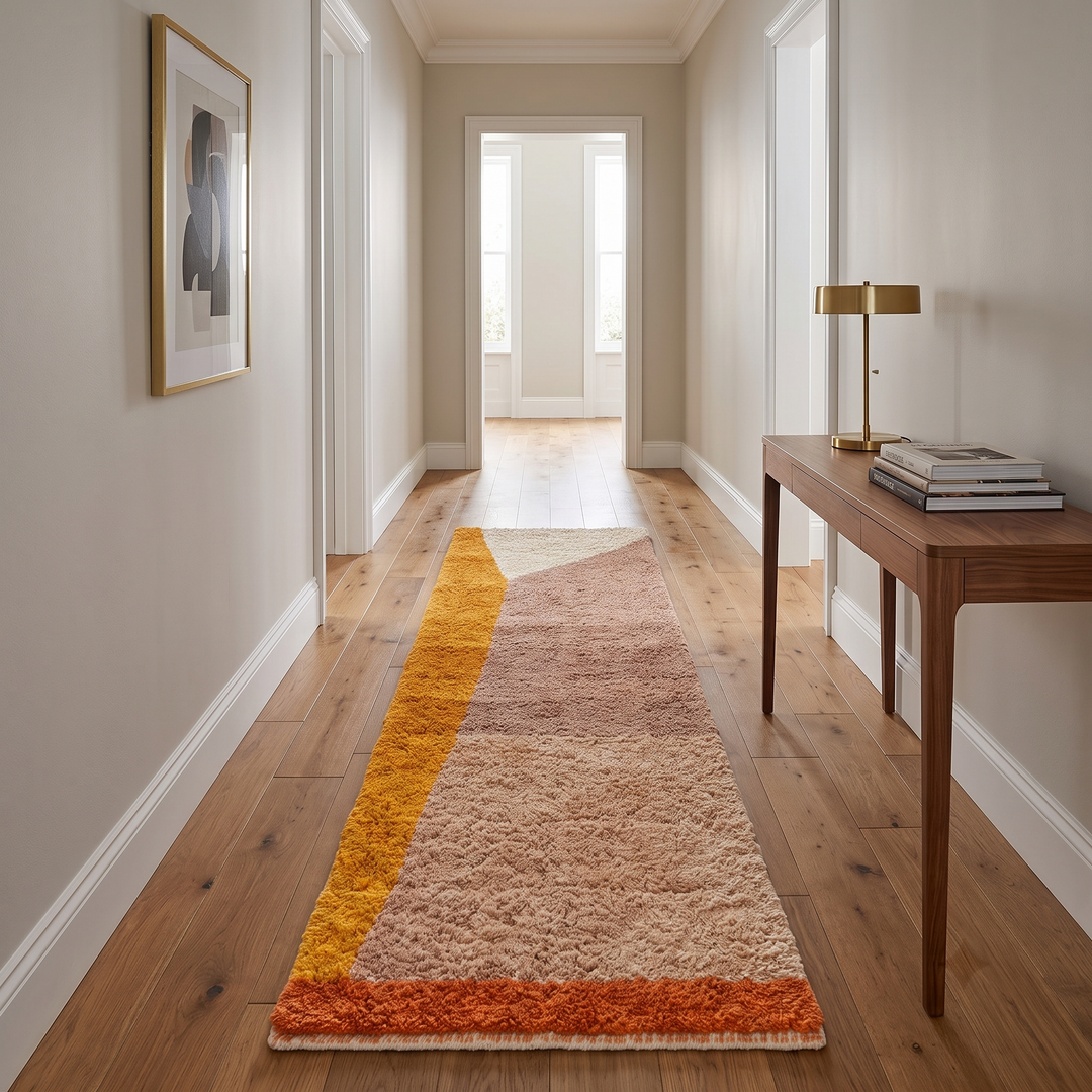 Handmade Moroccan runner rug in earth tones with abstract wool design