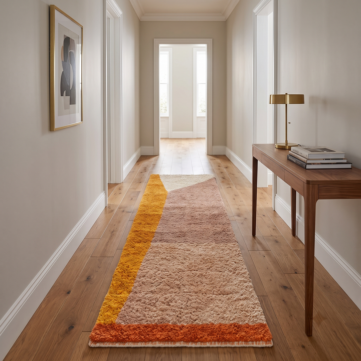 Handmade Moroccan runner rug in earth tones with abstract wool design