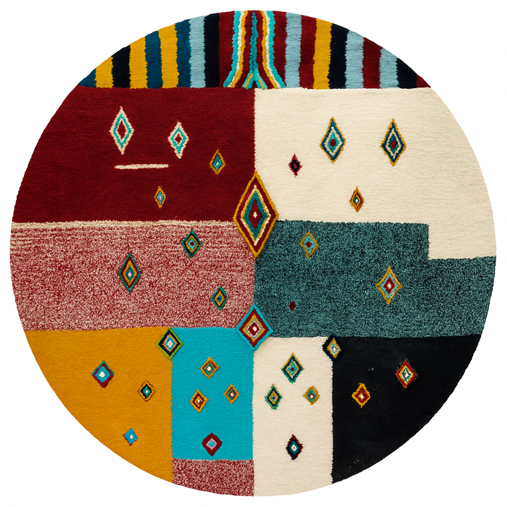 Handmade colorful Moroccan round wool rug with modern patchwork and Berber diamond motifs