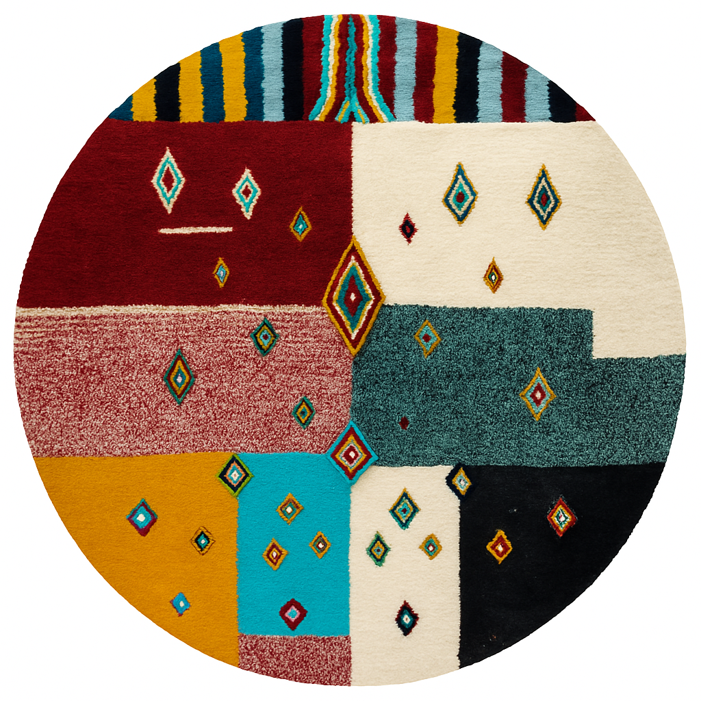Handmade colorful Moroccan round wool rug with modern patchwork and Berber diamond motifs