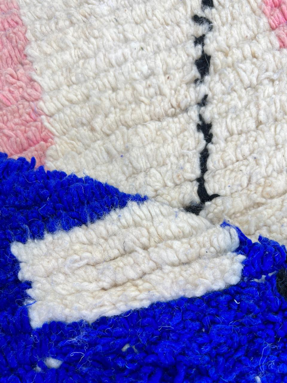 Handmade blue and pink abstract Moroccan wool runner rug with modern geometric lines