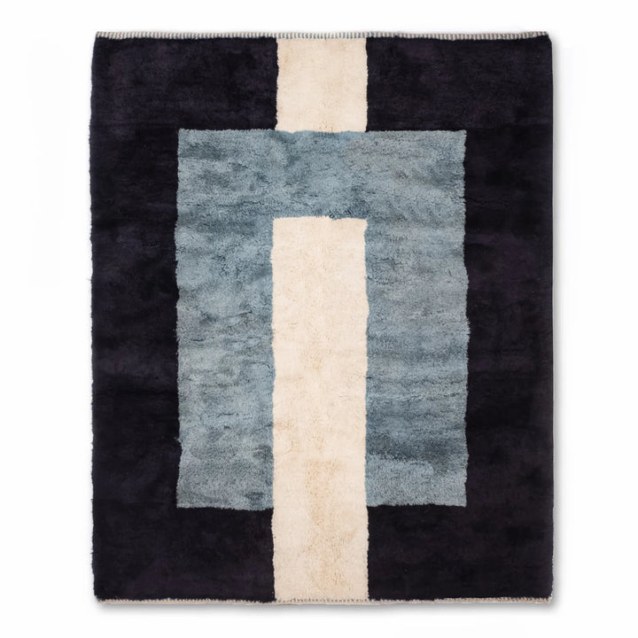 Modern Blue and Black Moroccan Wool Rug with Ivory Stripe