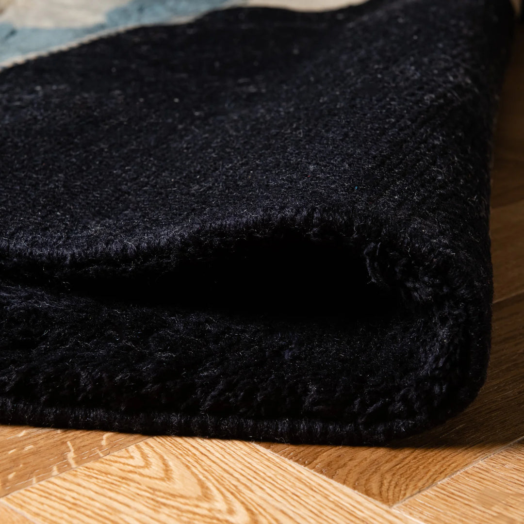 Modern Blue and Black Moroccan Wool Rug with Ivory Stripe
