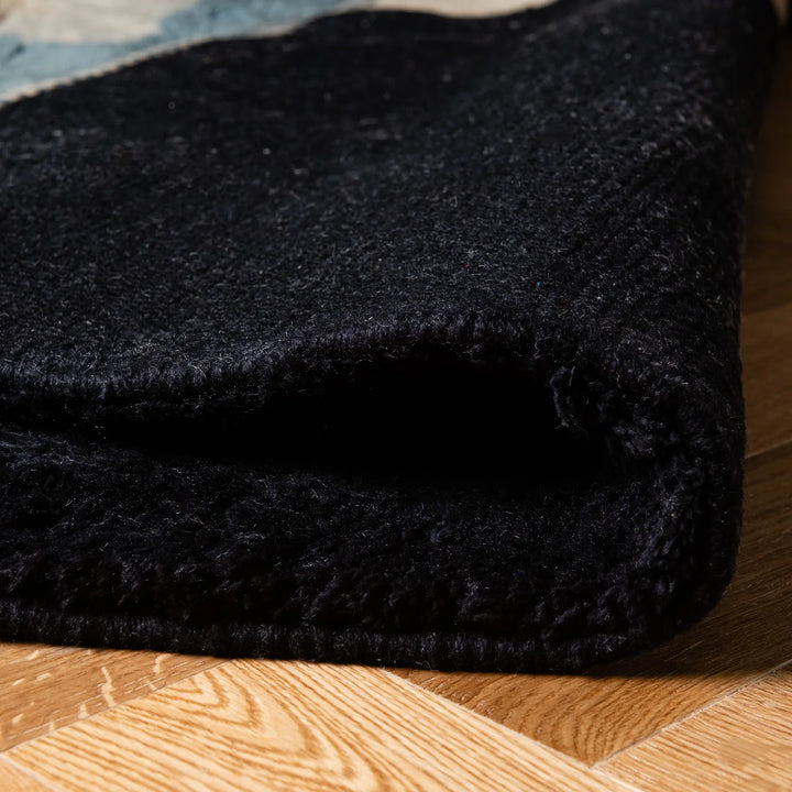 Modern Blue and Black Moroccan Wool Rug with Ivory Stripe