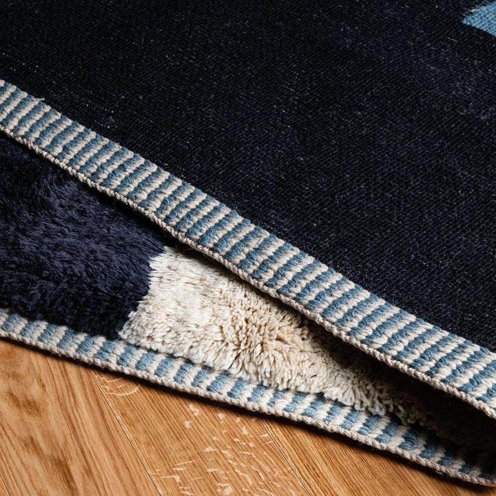 Modern Blue and Black Moroccan Wool Rug with Ivory Stripe