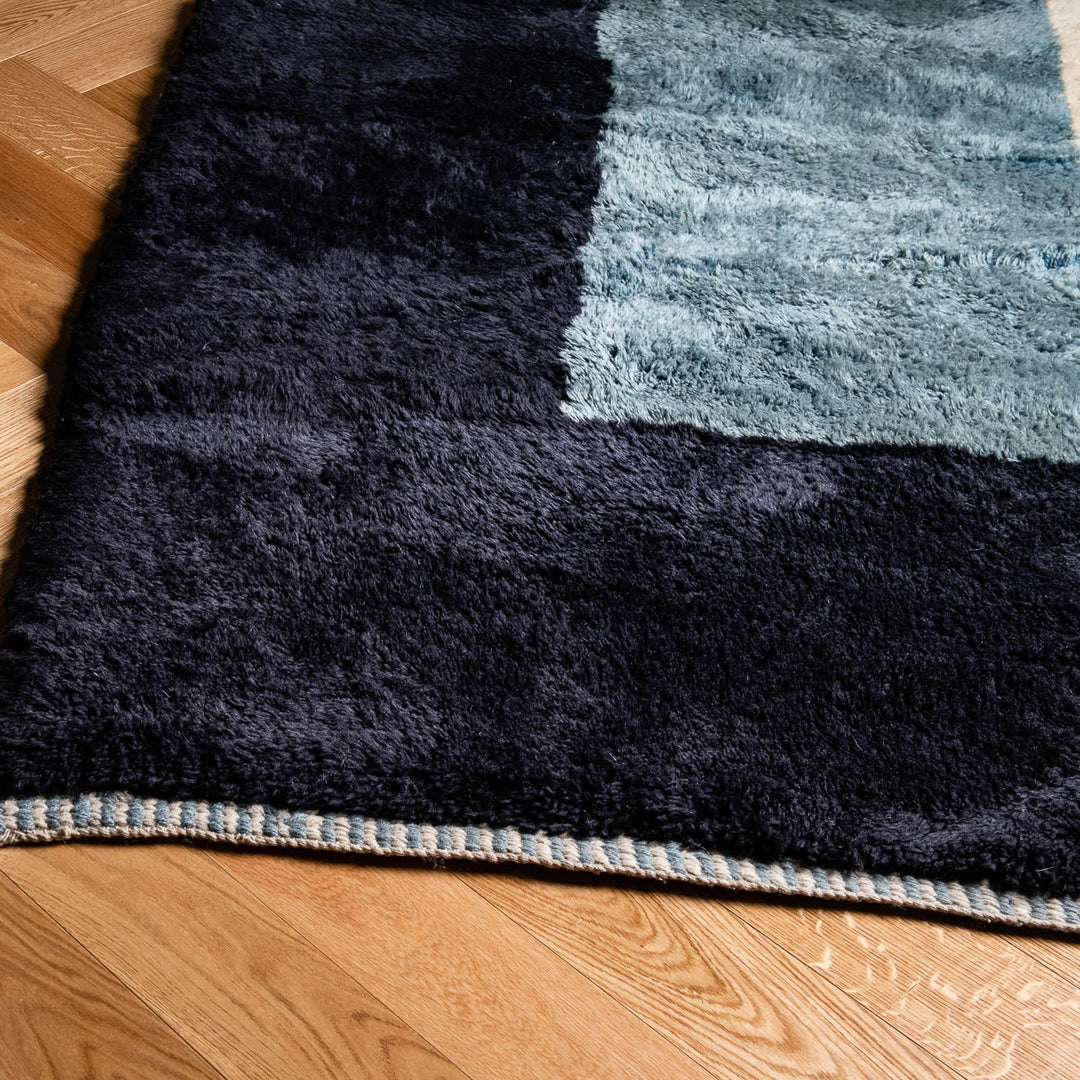 Modern Blue and Black Moroccan Wool Rug with Ivory Stripe