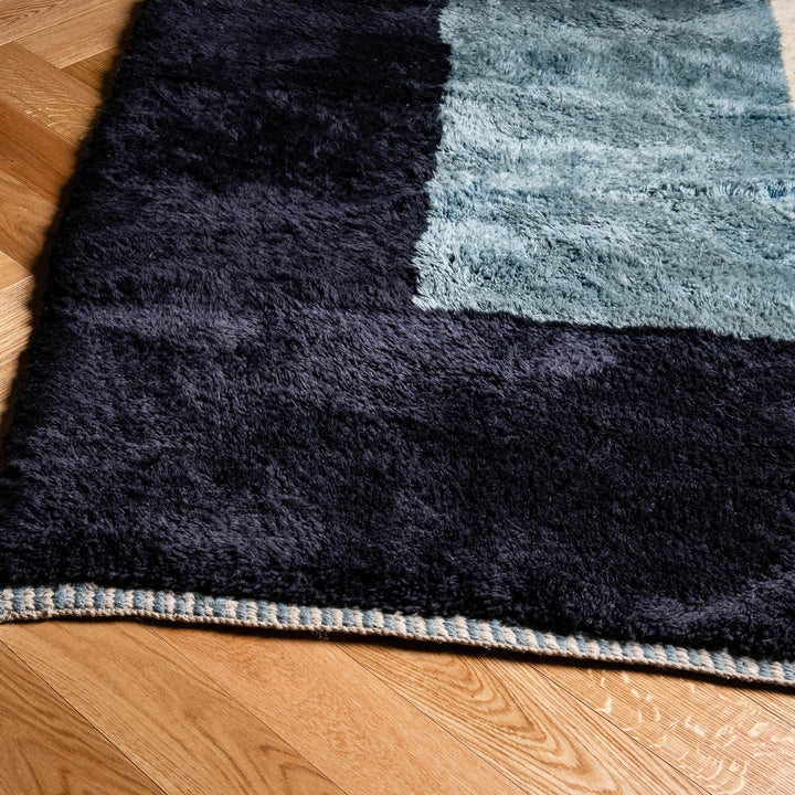Modern Blue and Black Moroccan Wool Rug with Ivory Stripe