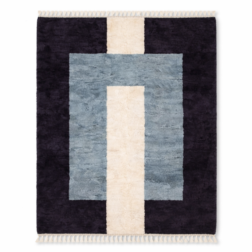 Modern Blue and Black Moroccan Wool Rug with White Stripe