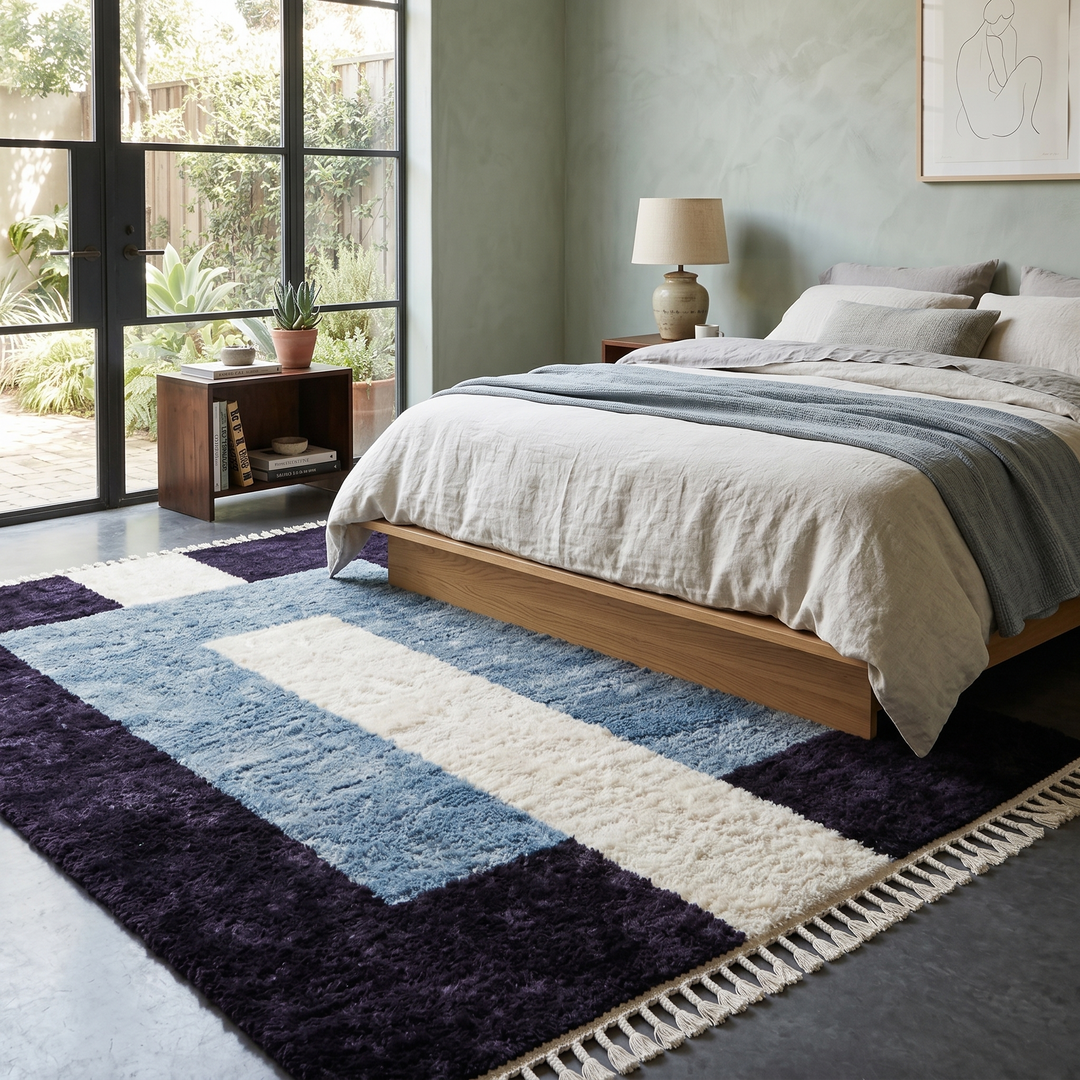 Handmade modern Moroccan wool rug featuring black, blue, and cream geometric block design with soft texture and fringe tassels.