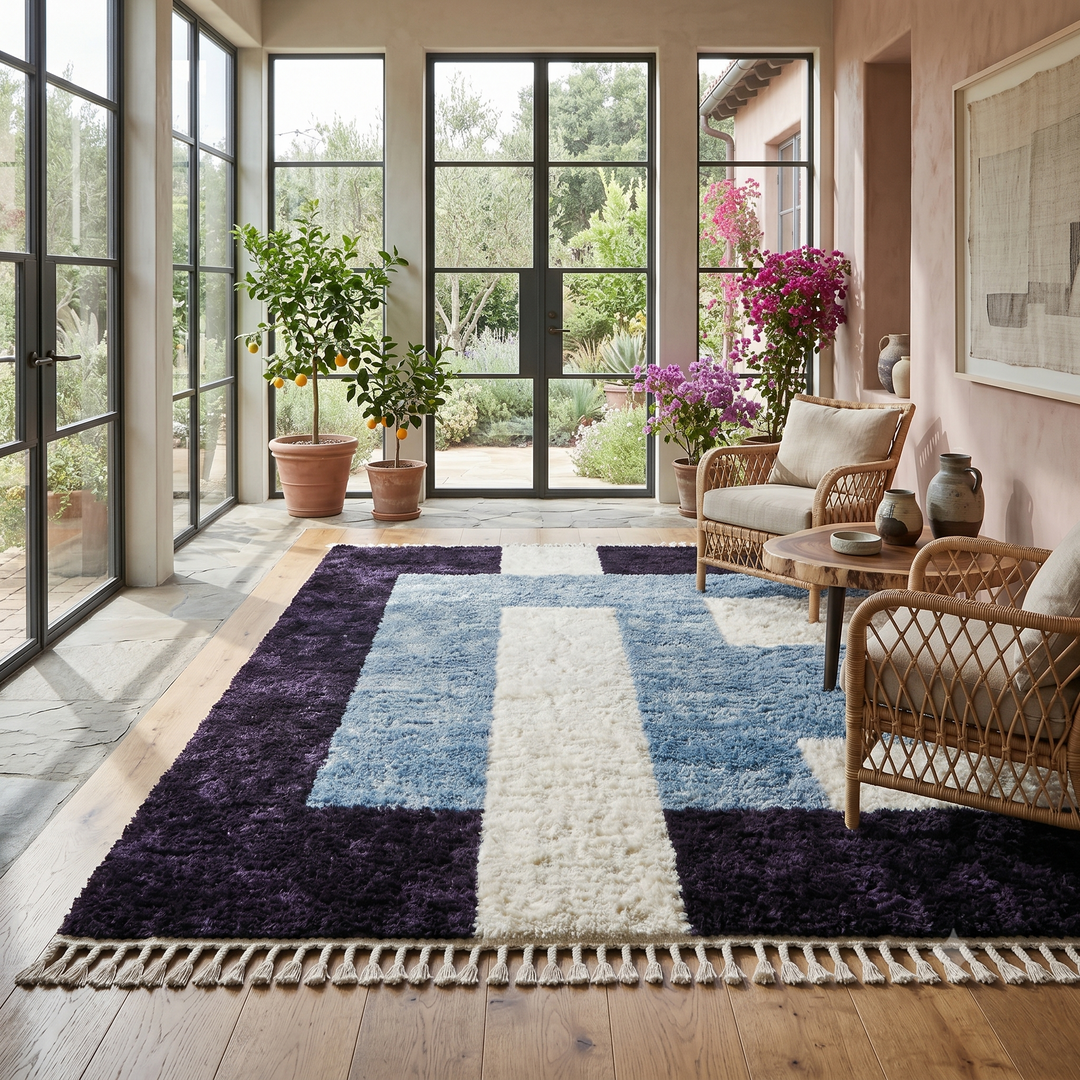 Handmade modern Moroccan wool rug featuring black, blue, and cream geometric block design with soft texture and fringe tassels.