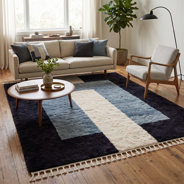 Handmade modern Moroccan wool rug featuring black, blue, and cream geometric block design with soft texture and fringe tassels.