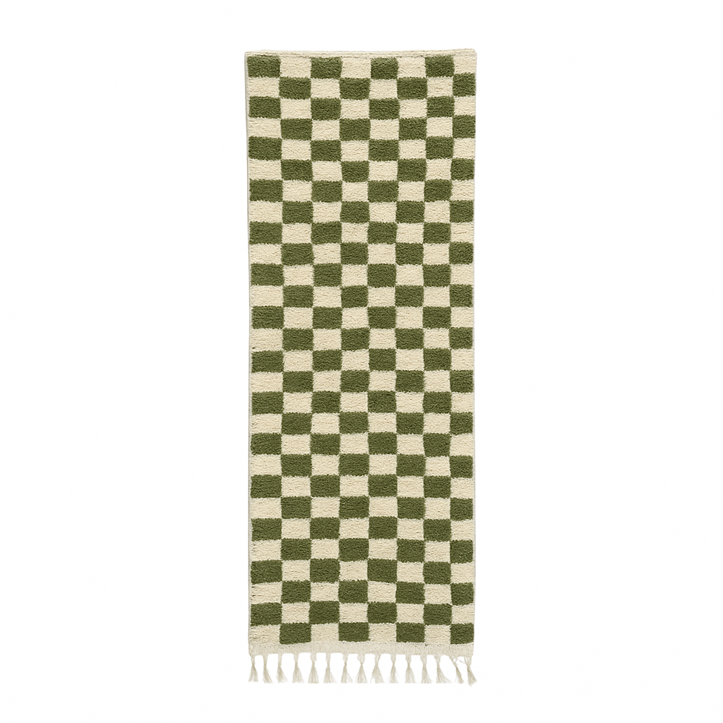 Green and white checkered Moroccan wool runner rug with fringes