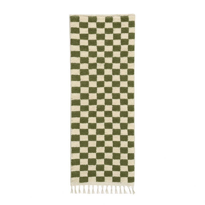 Green and white checkered Moroccan wool runner rug with fringes
