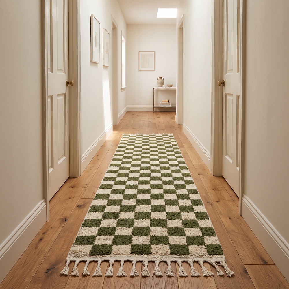 Green and white checkered Moroccan wool runner rug with fringes