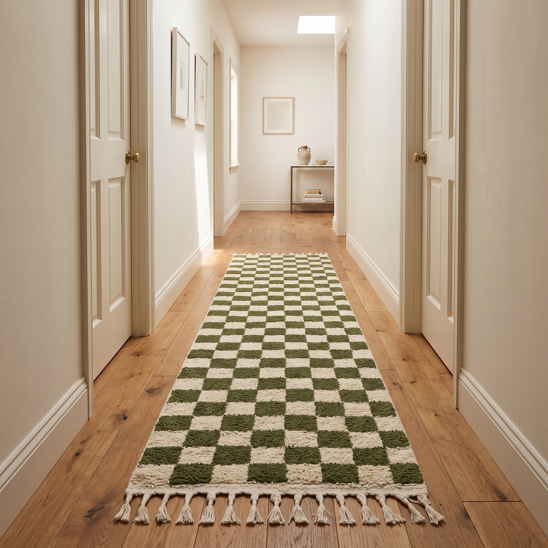 Green and white checkered Moroccan wool runner rug with fringes