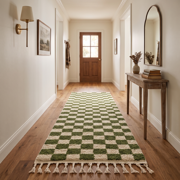 Green and white checkered Moroccan wool runner rug with fringes