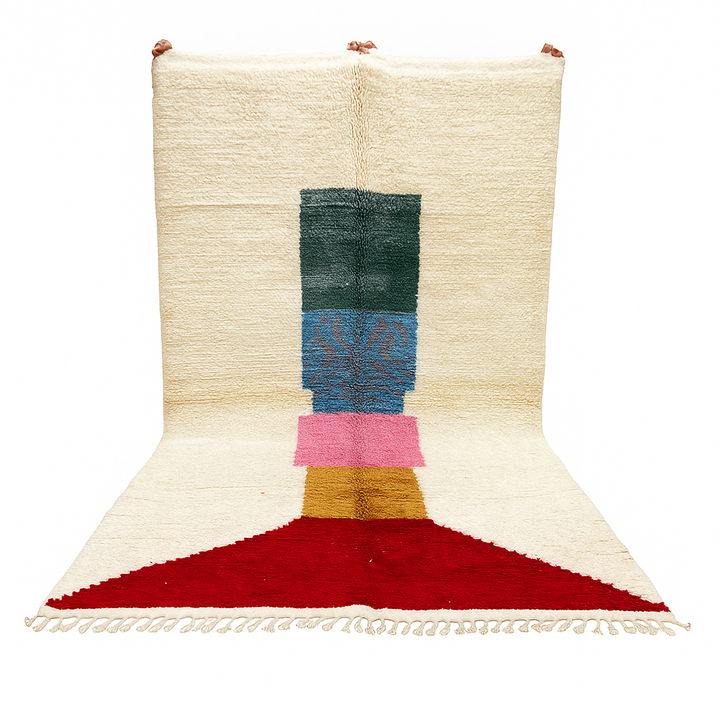Modern Moroccan wool rug with ivory background and color blocks in green, blue, pink, mustard, and red