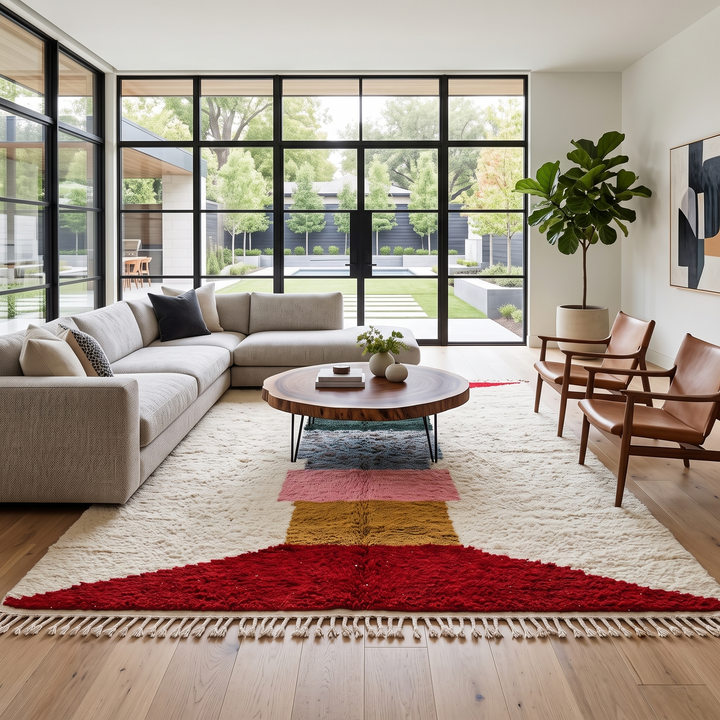 Modern Moroccan wool rug with ivory background and color blocks in green, blue, pink, mustard, and red