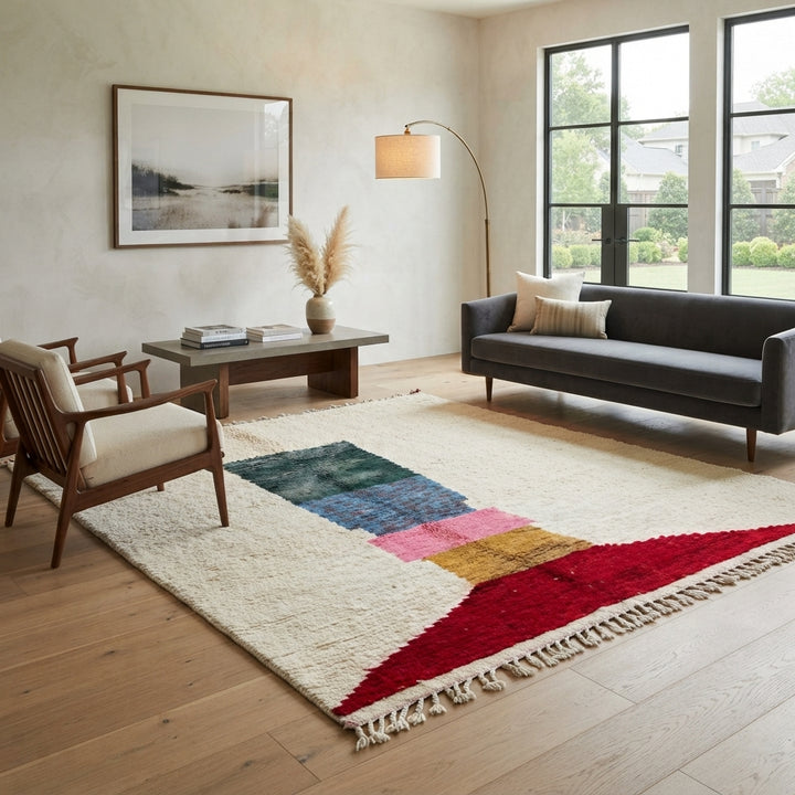 Modern Moroccan wool rug with ivory background and color blocks in green, blue, pink, mustard, and red