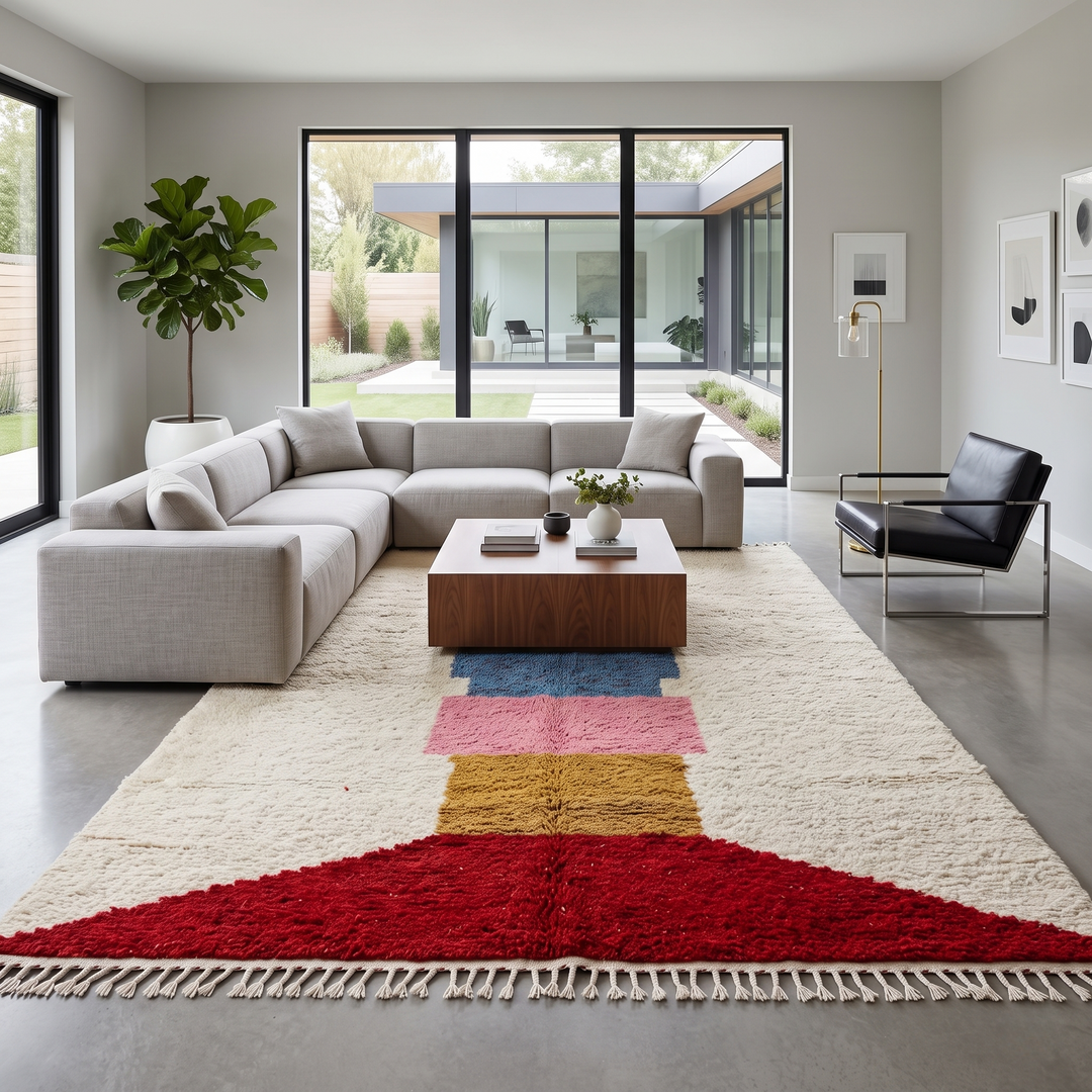 Modern Moroccan wool rug with ivory background and color blocks in green, blue, pink, mustard, and red