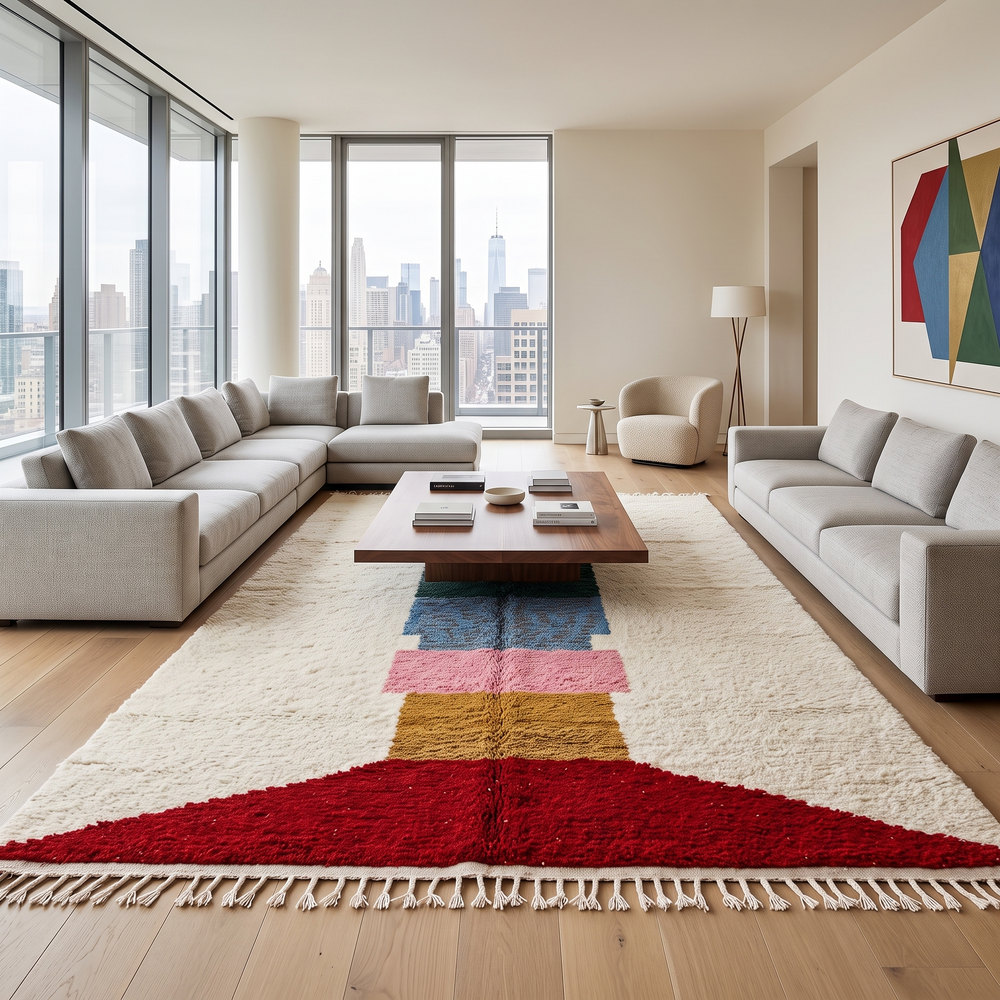 Modern Moroccan wool rug with ivory background and color blocks in green, blue, pink, mustard, and red