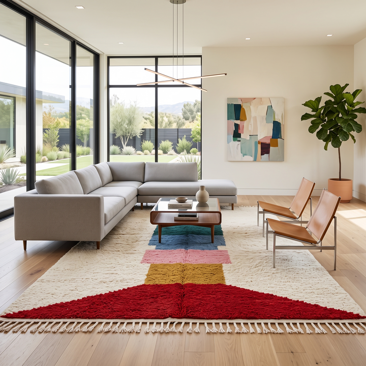 Modern Moroccan wool rug with ivory background and color blocks in green, blue, pink, mustard, and red