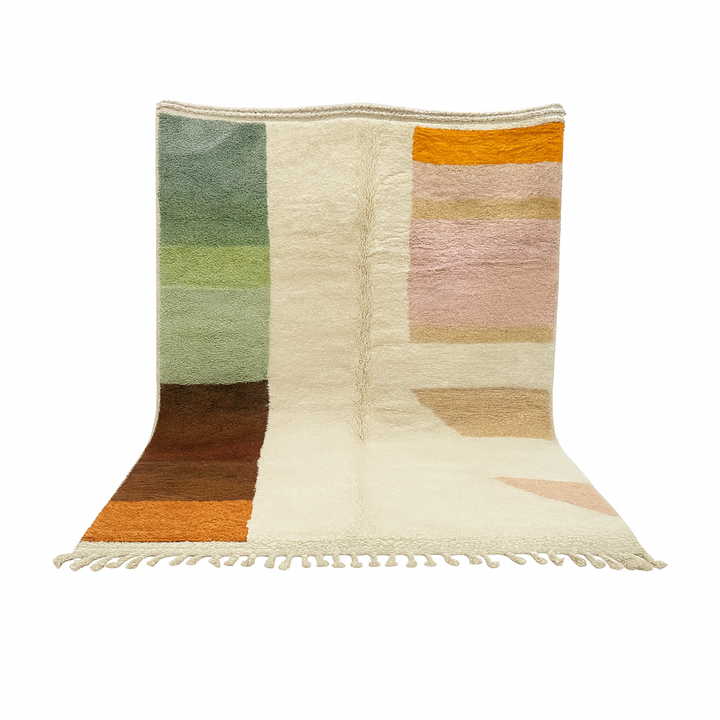 Modern color block Moroccan wool rug with green, pink, brown, and white geometric pattern