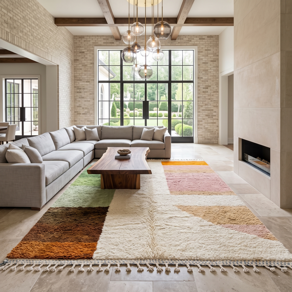 Modern color block Moroccan wool rug with green, pink, brown, and white geometric pattern