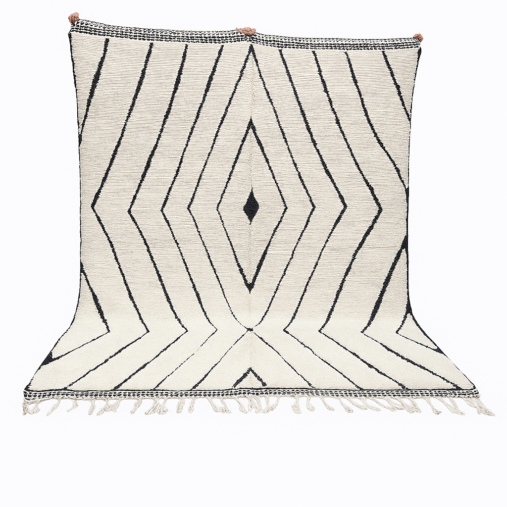 Handwoven Moroccan wool rug with black geometric diamond line pattern