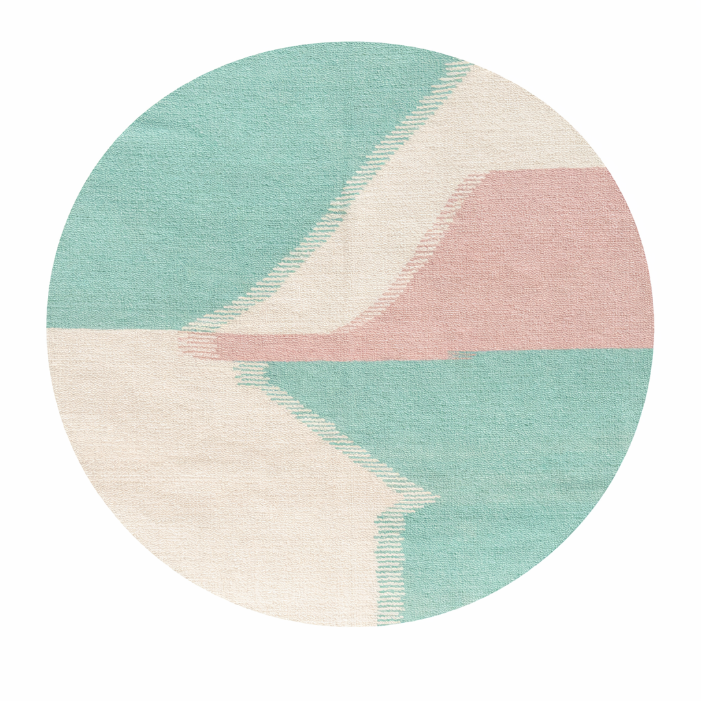 Modern abstract flat-weave round Moroccan wool rug in mint green, ivory, and blush tones
