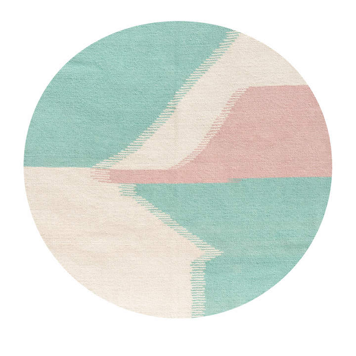 Modern abstract flat-weave round Moroccan wool rug in mint green, ivory, and blush tones