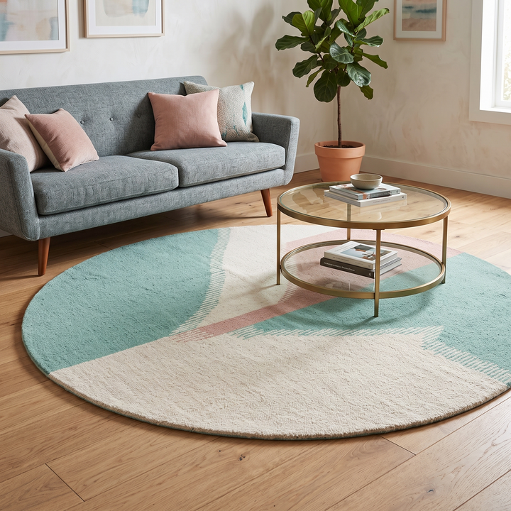 Modern abstract flat-weave round Moroccan wool rug in mint green, ivory, and blush tones