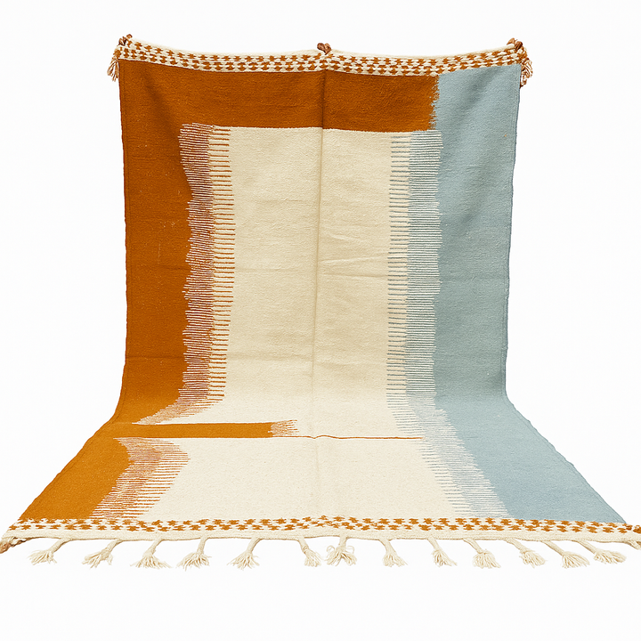 Flatweave Moroccan wool rug in beige, blue, and terracotta color blocks, handmade by Berber artisans