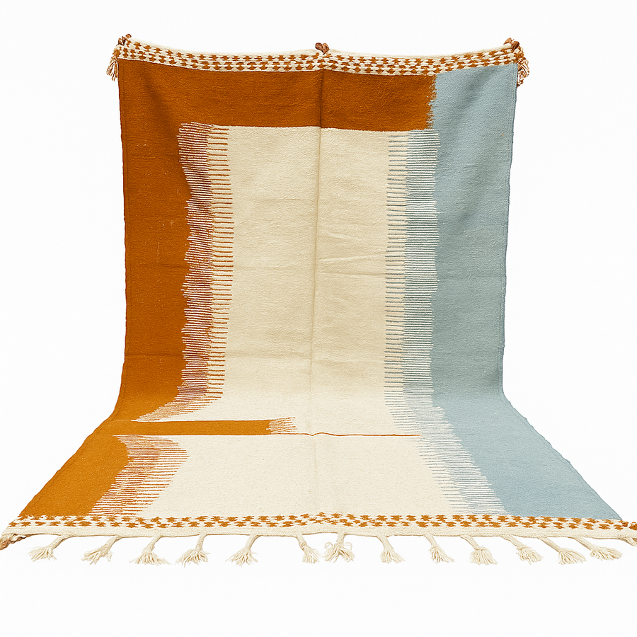 Flatweave Moroccan wool rug in beige, blue, and terracotta color blocks, handmade by Berber artisans