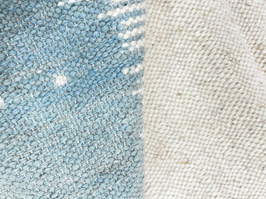 Modern Flatweave Moroccan Rug – Beige, Blue & Terracotta Wool Carpet