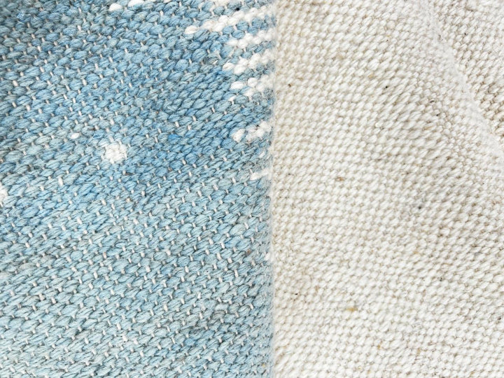 Modern Flatweave Moroccan Rug – Beige, Blue & Terracotta Wool Carpet