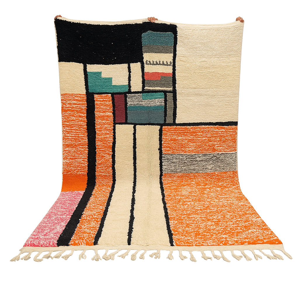 Handmade Moroccan wool rug with geometric color block design in orange, black, teal, and pink tones