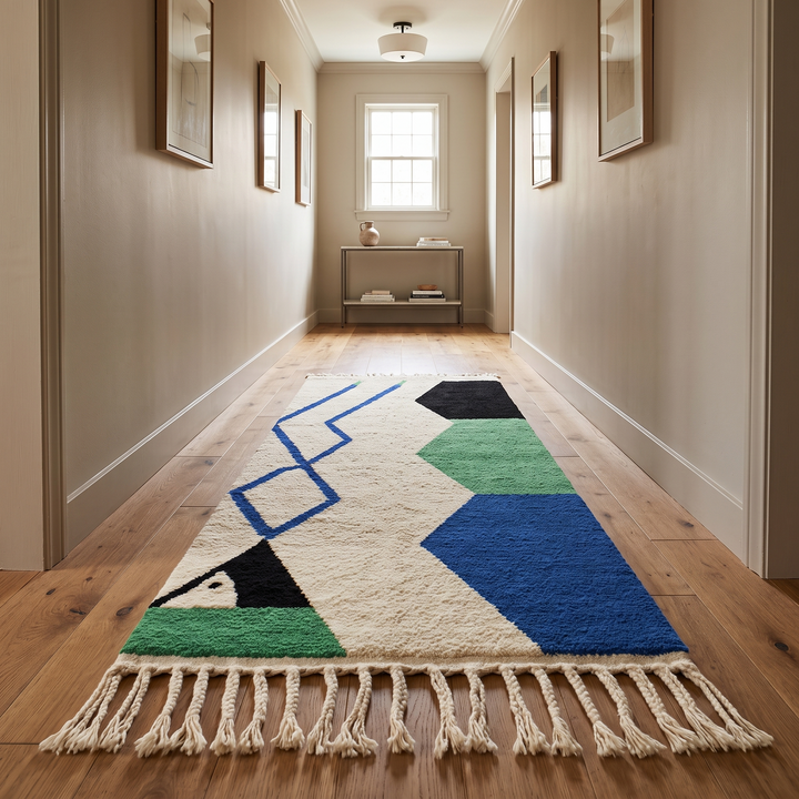 Handmade Moroccan runner rug with geometric blue, green, and black shapes on a white wool background.