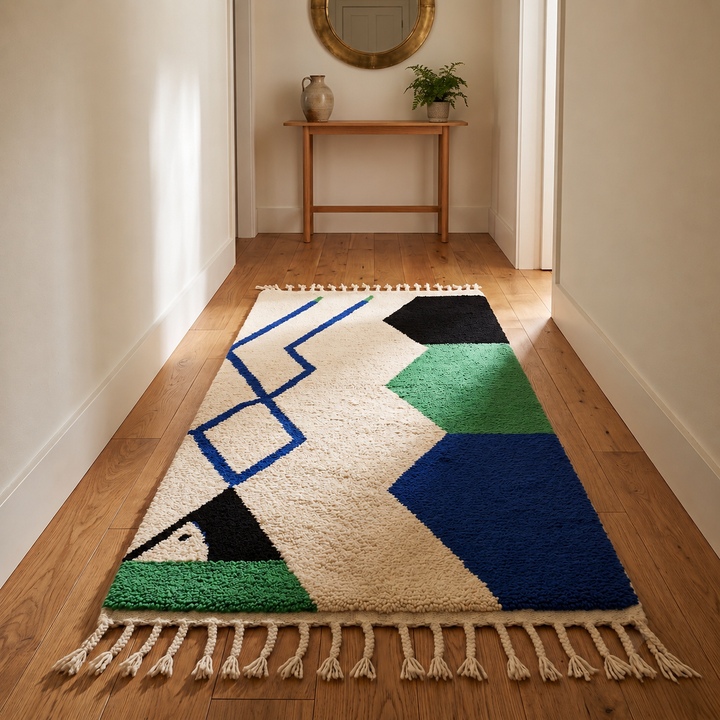 Handmade Moroccan runner rug with geometric blue, green, and black shapes on a white wool background.