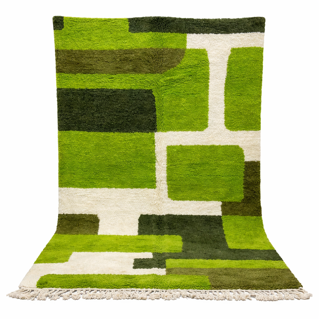 Modern green Moroccan wool rug with geometric Berber pattern and white lines on white background