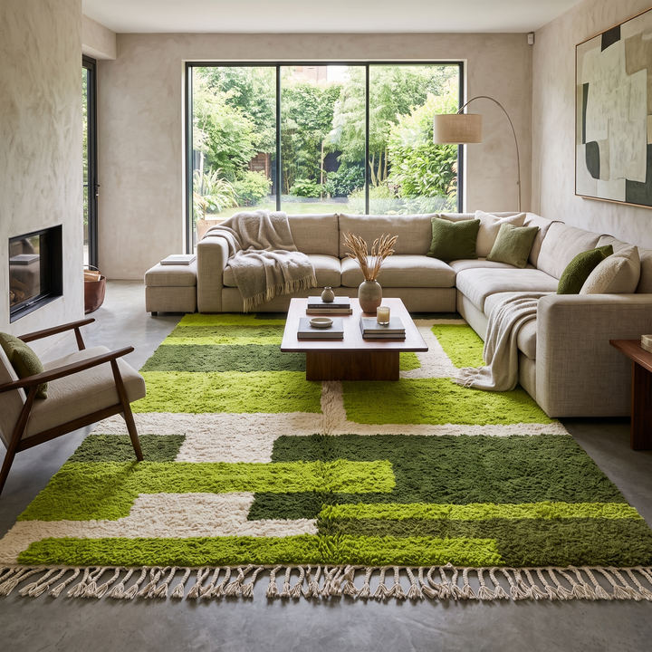Modern green Moroccan wool rug with geometric Berber pattern and white lines on white background
